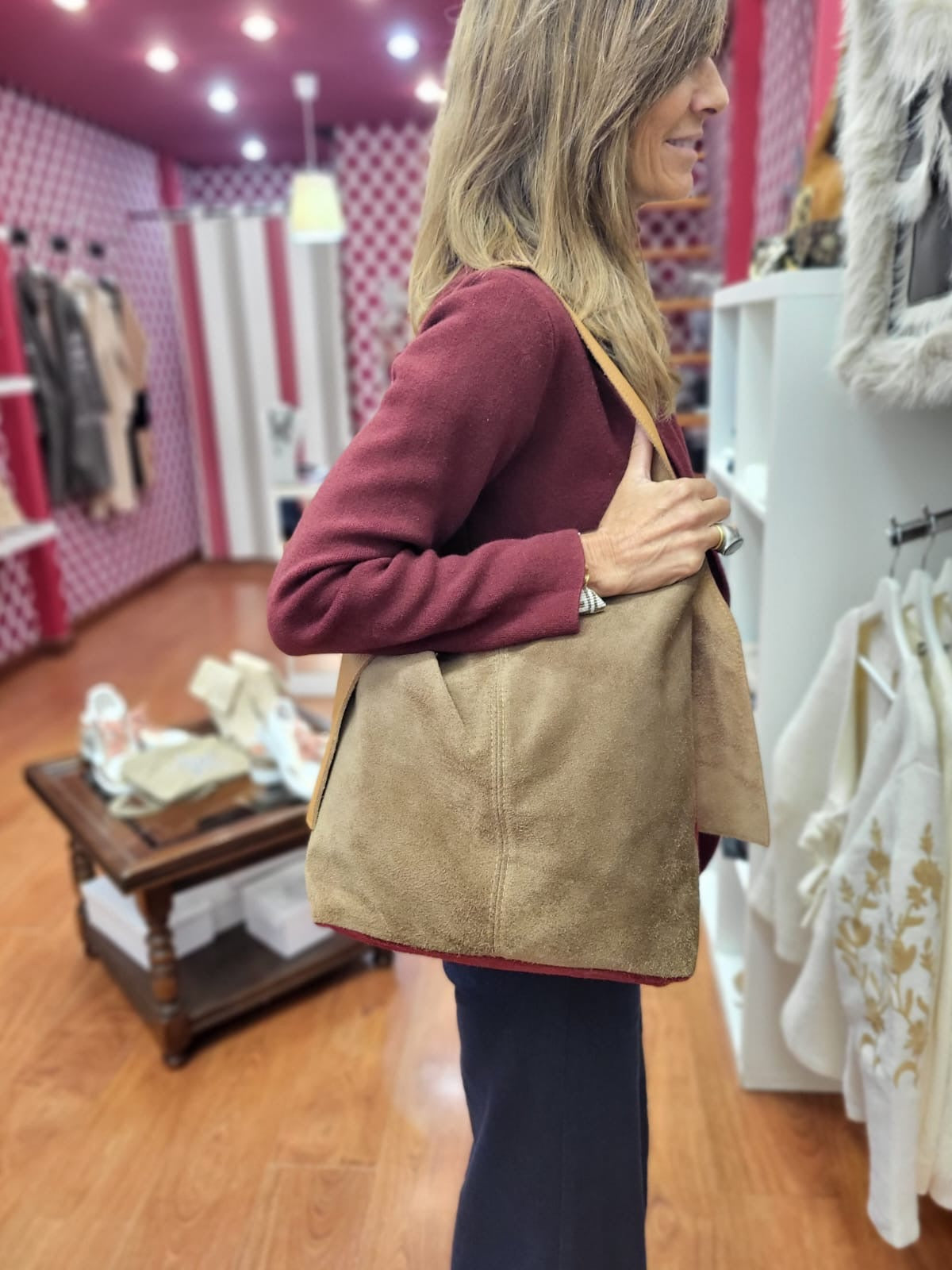 Bolso piel bicolor beige y burdeo